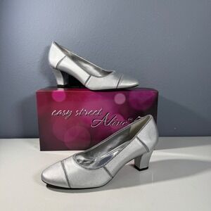 Easy Street Alive @ 5 Silver Satin Pumps Block Heel Round Toe 9N 31-0687